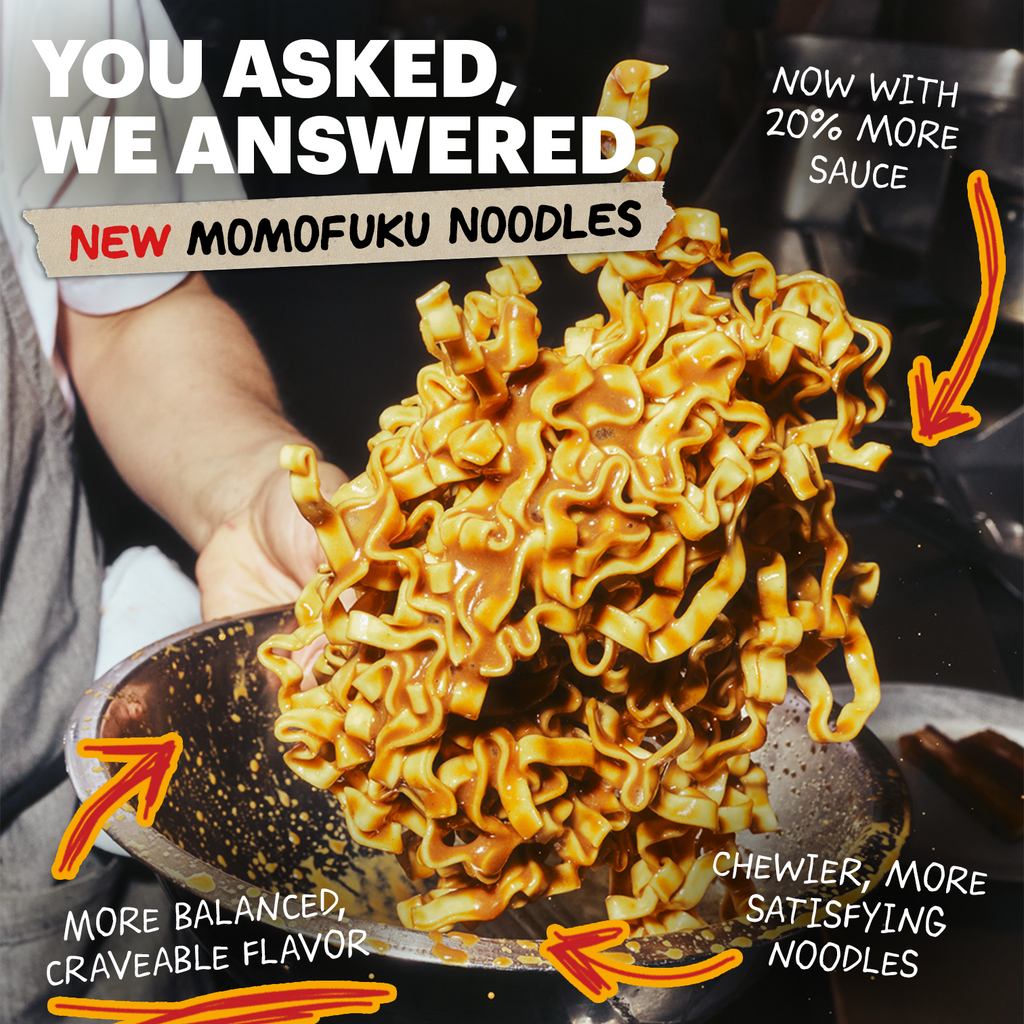 Promotional image of Momofuku noodles with text highlighting features.