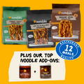 Momofuku noodles packages with top noodle add-ons on a yellow background